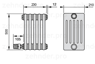 Схема (чертеж) Радиатор Zehnder Charleston 6050/5 №V004 Белый глянцевый RAL 9016